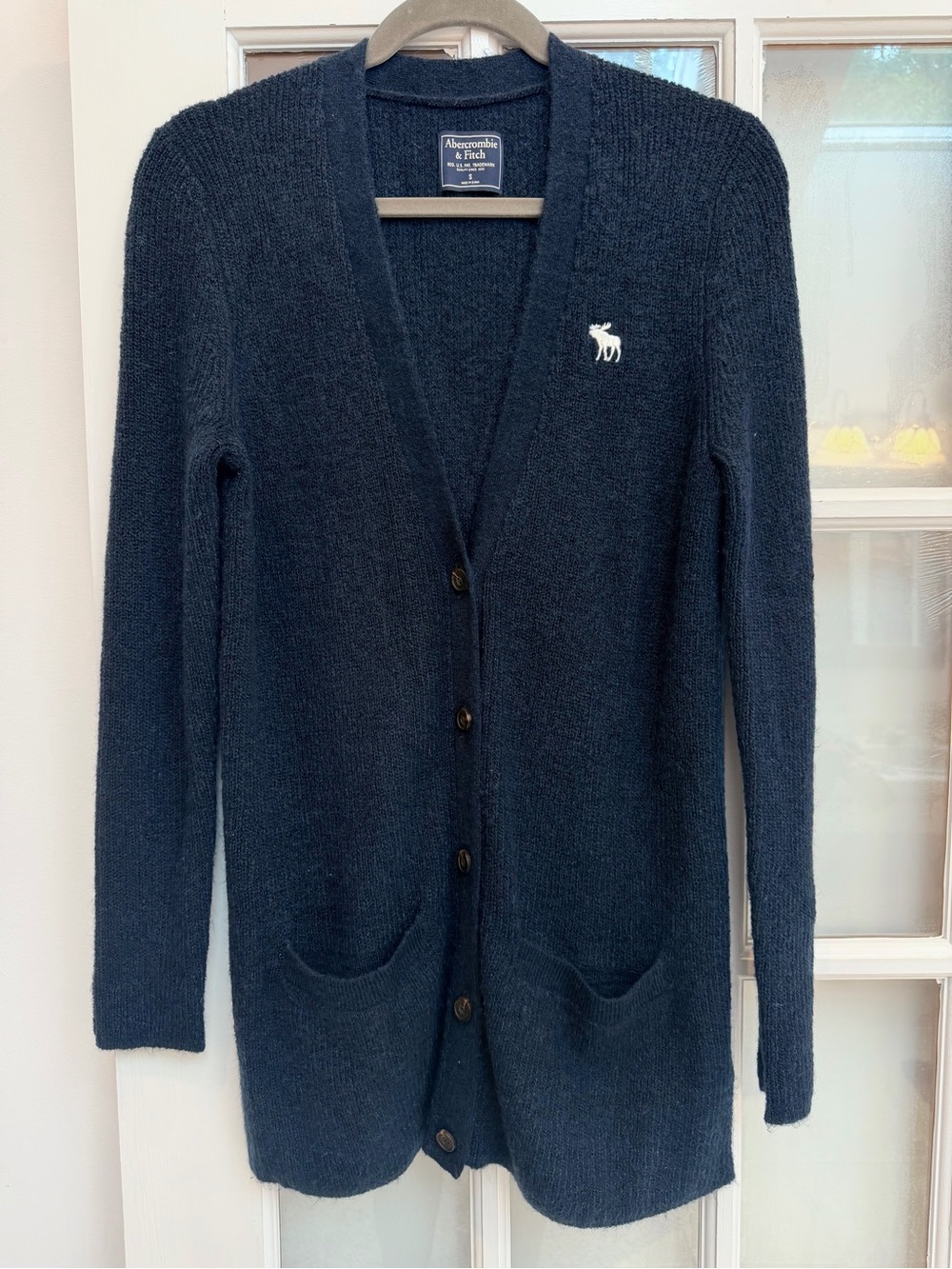 Vintage Abercrombie & Fitch Y2K Navy Blue Moose Logo Cardigan Sweater Size S